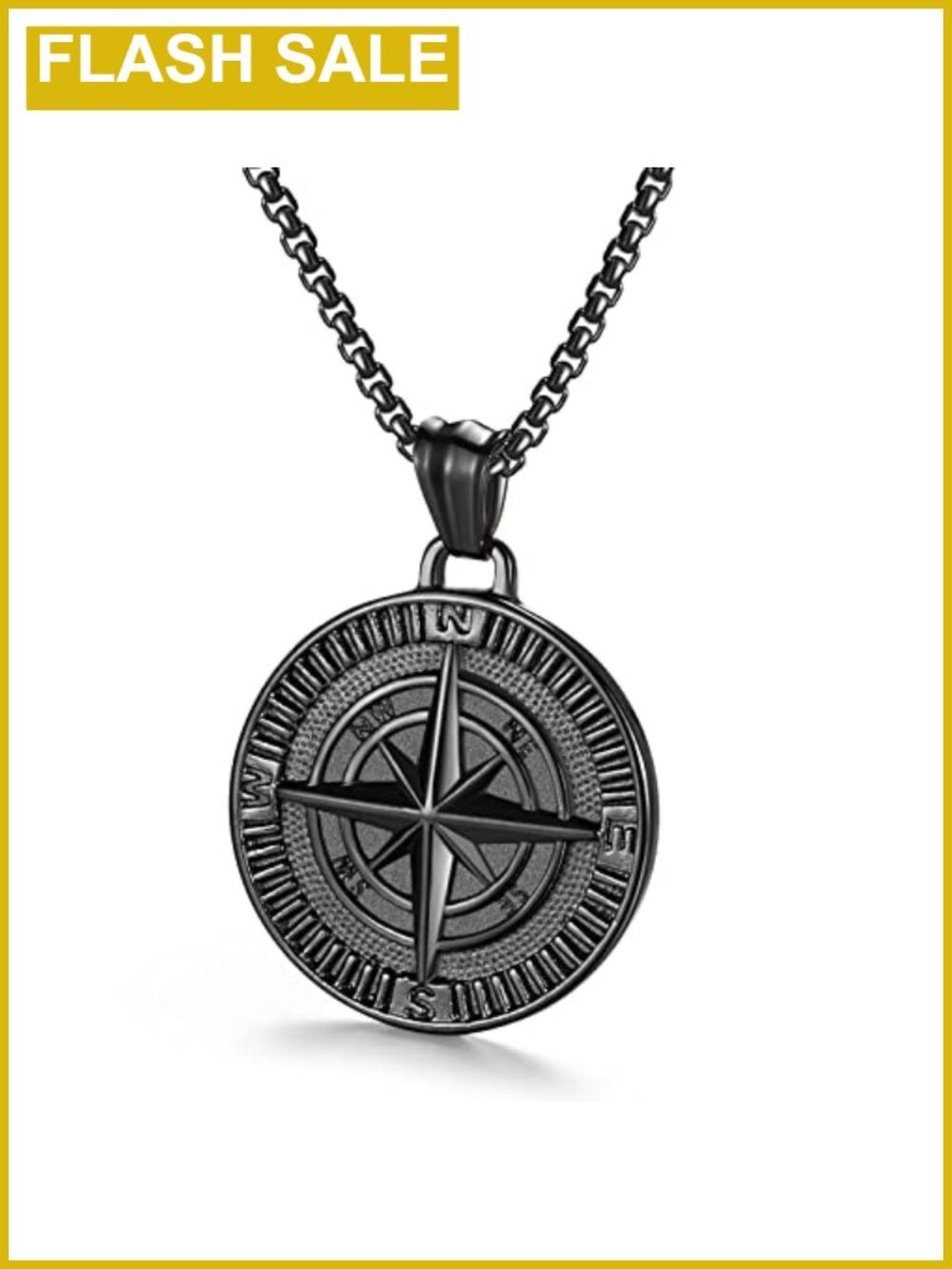 Stainless Steel Compass Pendant Necklace 22" Box Chain Men's Jewelry